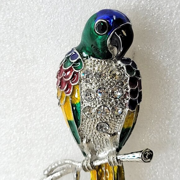 Huge Tropical Parrot Bird Blue Green Guilloche Enamel Rhinestones Brooch - Picture 15 of 16